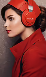 a beautiful lady with an open back coat and red headphones