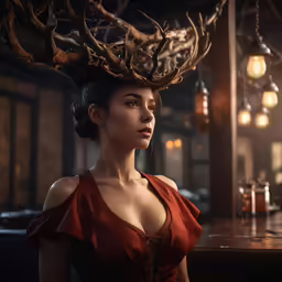 a woman in red wearing antlers on her head