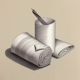a pencil drawing of rolled towels and one open rolled towel,pencil drawing of rolled up rolled up toilet paper
