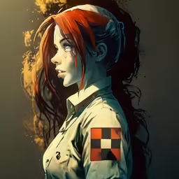 a woman with red hair and tattoos standing in front of a fire hydrant
