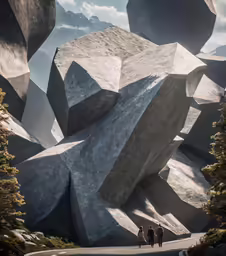 two people walking on a path between some rocks