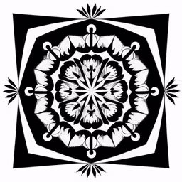 black and white ornamental ornament with ornate swirls and star shapes