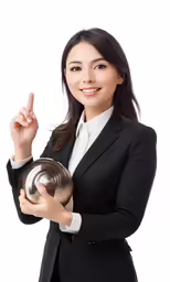 a woman is standing holding a golden bowl