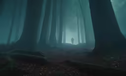 a lone person standing in the forest with fog