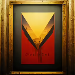 a painting with a yellow background that has the letter s in red and black