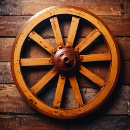 a wooden wheel is on a wooden background,a wooden wheel mounted to the side of a wall