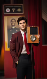 a man in a red tie holding an old photo