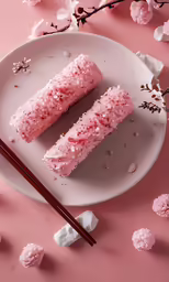 two pieces of pink cake sit on a plate with chopsticks beside it