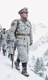 men in uniform walking uphill on a snowy slope