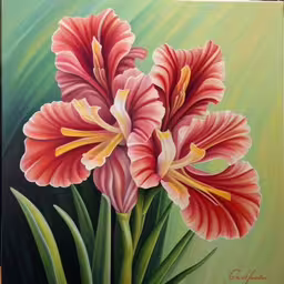a painting of two red flowers on a green background,there is a painting on the wall of a vase,there are two large pink flowers in this painting,a painting of two flowers that are next to each other,two large flowered pink flowers in front of a green background