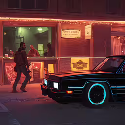 an old school black car parked in front of a bar,a black car on the street at night in front of a building