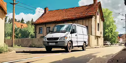 an older school bus with a dormer and no roof sits in front of a house,a little truck that is sitting in the street