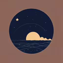 a drawing of the sun setting over a body of water,a dark blue circle with an orange sky and ocean scene