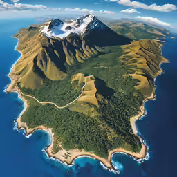 a small island with mountains around it and clear blue ocean