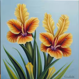 this painting is of two flowers,an image of a painting of two flowers,two orange flowers in a painting,two yellow flowers are sitting in a painting,some yellow flowers on blue by the light