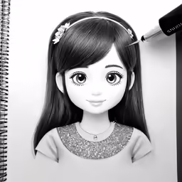 a drawing of a girl in black and white with eyes closed
