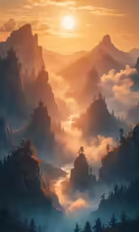 the sun shining through the fog covered mountains