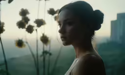 the woman stands in front of tall flowers