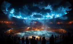 a night shot of an arena for ice hockey