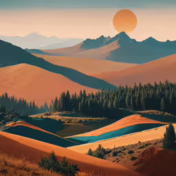 painting of mountains and pine trees, and in orange sky,the desert mountains are filled with sand and trees