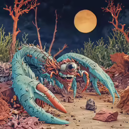 a blue stuffed crab with scary eyes and claws