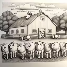 a line up of sheep are by a barn