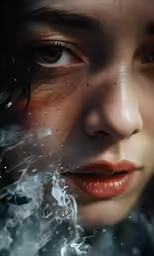 a beautiful young woman in front of an image of smoke