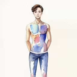 a drawing of a woman wearing tight jeans with paint streaks on the side,a watercolor painting of a young lady wearing denim jeans and a bra