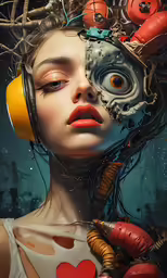 a woman in headphones surrounded by items on her face