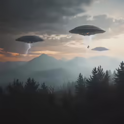 some sort of alien with flying saucers over the mountains