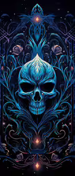 a blue skull sitting on top of a black background,a blue skull with ornate details and a background