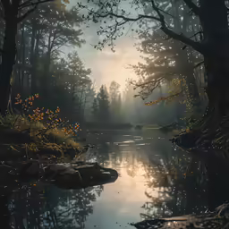 sun beams light up the trees near a body of water