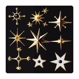 four shiny stars on black background, gold, and white,a collection of various gold and white stars