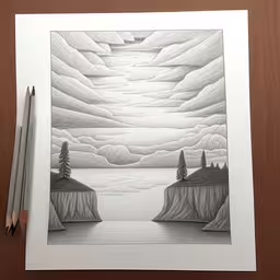 drawing a landscape with pencils sitting on top of it,a drawing of mountains, trees and water,a pencil drawing of an ocean at night,an art print with pencil and crayon drawing of two shorelines,this is a drawing on paper of a lake at night with some trees and fog