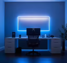 a room with a desk and a large lamp