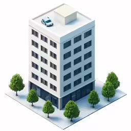 an aerial view of a large building with a blue car