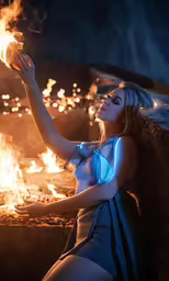 the young woman is holding a hot object above her head