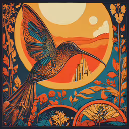 a painting of a bird flying over a field,an old - fashioned drawing of a humming bird flying over a large city