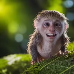 the smiling monkey is hanging out on the tree