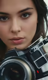 the beautiful brunette woman is holding a camera