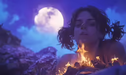 a woman sitting in front of a fire with a full moon in the background