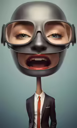 a woman wearing a suit and tie with a helmet