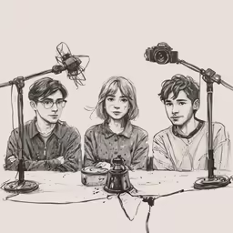a black and white photo of two people sitting in front of microphones