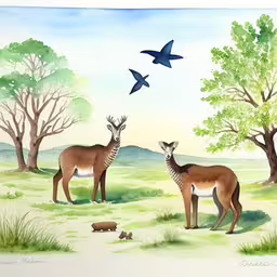 a painting of deer and birds in an area with trees,an animal in a green landscape with two birds flying above