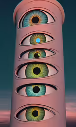 several eyes are placed on top of a building