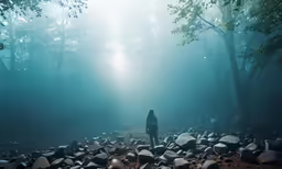 a person stands in the middle of a forest surrounded by rocks