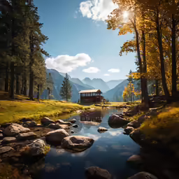 a house sits next to the water in a mountain valley