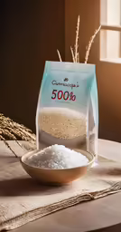 a large bag of rice and a small bowl of flour