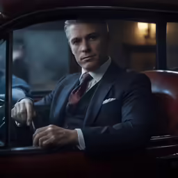 man in black suit and red tie leaning out of window