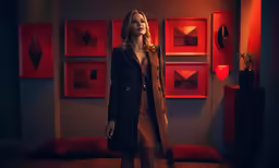 an artistic photo of a woman wearing a dark jacket and trench